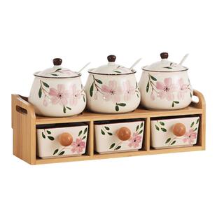 家用厨房调料盒组合装调味罐陶瓷盐罐调料罐套装木架双层调味瓶罐