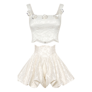 MaisonWester夏季鞠婧祎同款白色提花吊带优雅清新纯欲风少感套装