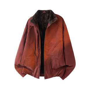 欧美高奢红色牛仔外套男冬季加绒加厚纯棉夹克重磅立领保暖棉衣服
