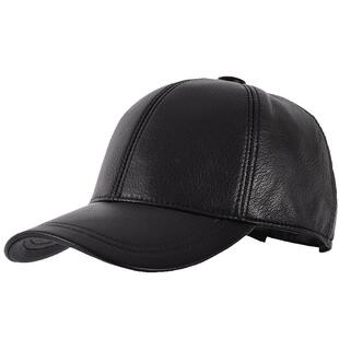 卡蒙纯黑色棒球帽纯羊皮鸭舌帽男冬季户外保暖中老年皮帽爸爸帽子