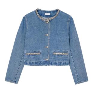 季末6折SANDRO2025秋冬新款女装法式棉质牛仔蓝仿钻圆领牛仔外套