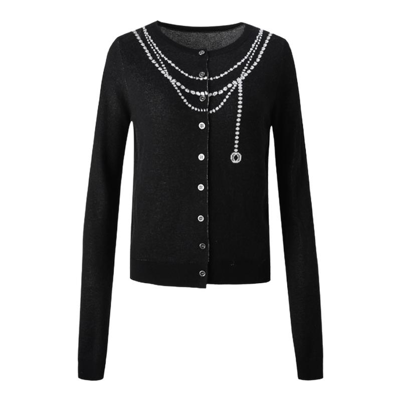 ourhour 多圈珍珠项链 撞色提花图案长袖针织开衫 女秋设计感上衣