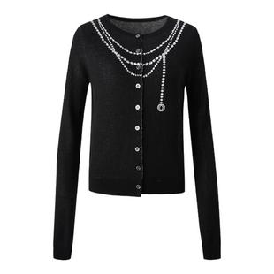 ourhour 多圈珍珠项链 撞色提花图案长袖针织开衫 女秋设计感上衣