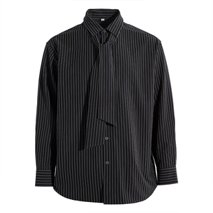 海上公路可拆卸飘带撞色条纹衬衫男士25年秋季设计感百搭长袖上衣