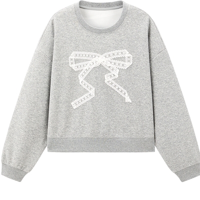 乐町简约宽松短款卫衣女装2025春新款蕾丝蝴蝶结圆领上衣灰色卫衣