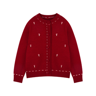 Amybaby女童上衣冬季2025新款精致可爱贴布绣小蘑菇装饰毛衣