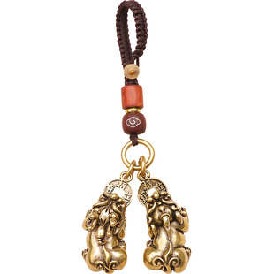 黄铜双貔貅车钥匙扣公母一对挂件吊坠实心旺招聚财高级感饰品男士