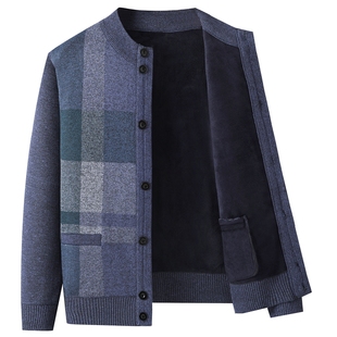 爸爸秋冬季加绒加厚开衫中老年人男士保暖系扣毛衣外套爷爷上衣服