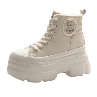 震地王坡跟单鞋高帮帆布鞋女内增高9cm复古港风韩版休闲运动厚底