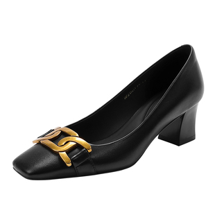 哈森高跟方头单鞋女2025春季新款真皮粗跟浅口小皮鞋HWS250133