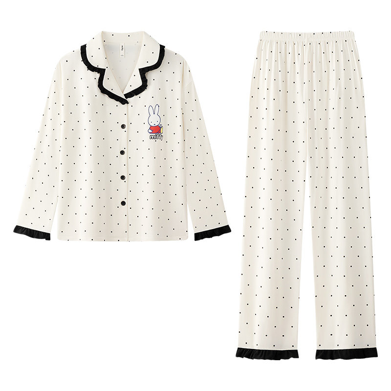 宫蝶【轻柔软】米菲睡衣女长袖纯棉可爱波点花边衬衫家居服春秋季