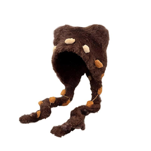 帽子可爱毛绒小熊耳朵女2025年冬季彩条设计保暖护耳帽毛茸茸白色