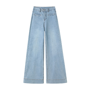 满天星烫钻浅色加绒牛仔阔腿裤女秋冬高腰显瘦小个子弹力喇叭长裤