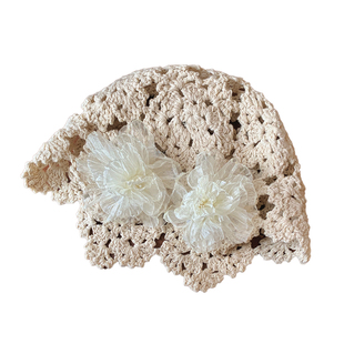 蕾丝花朵镂空包头帽女夏季薄款手工编织帽显脸小套头针织毛线帽子