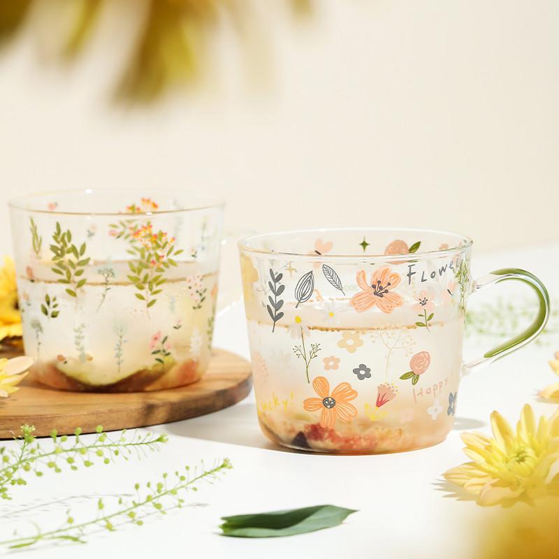 蓝莲花早餐杯子玻璃耐高温小清新杯高硼硅马克水杯高颜值女带把手