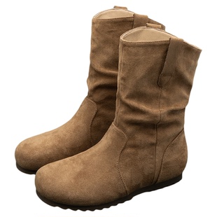 化雾语绒面平底舒适女学生士秋冬季显瘦堆堆短靴子加绒保暖瘦瘦鞋