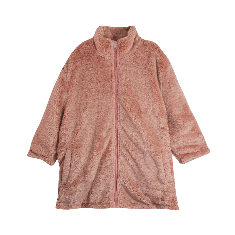 蔡爸爸童装冬季中长款外套双面北极绒保暖拉链女童粉色家居服1192