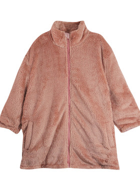 蔡爸爸童装冬季中长款外套双面北极绒保暖拉链女童粉色家居服1192