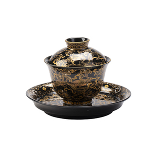 重工错金乌金釉珐琅彩龙纹三才盖碗茶杯家用高档陶瓷功夫茶具茶碗