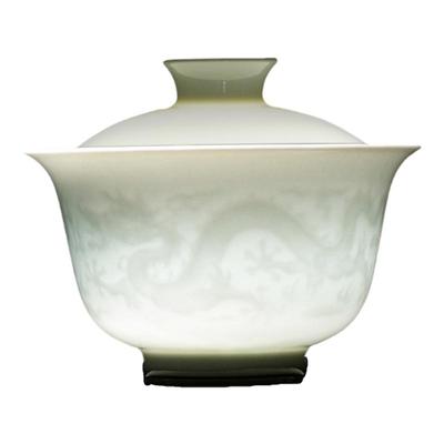 清本源薄胎甜白釉海水龙纹茶具