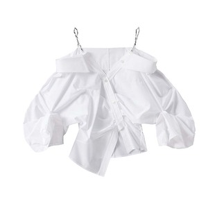RuirUirul不规则解构配活动链条露肩收腰短款白色醋纤衬衫上衣
