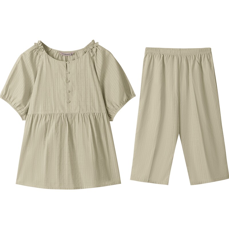 秋鹿夏天泡泡袖睡衣布料纯棉纯色短袖七分裤梭织棉家居服女夏薄款