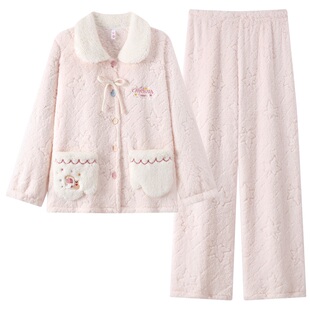 宫蝶【蓄热型】秋冬睡衣女加厚珊瑚绒保暖可爱甜美少女家居服套装