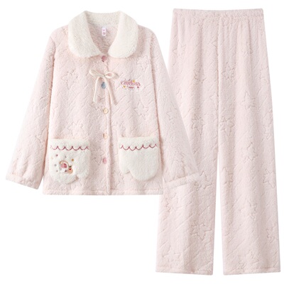 宫蝶【蓄热型】秋冬睡衣女加厚珊瑚绒保暖可爱甜美少女家居服套装
