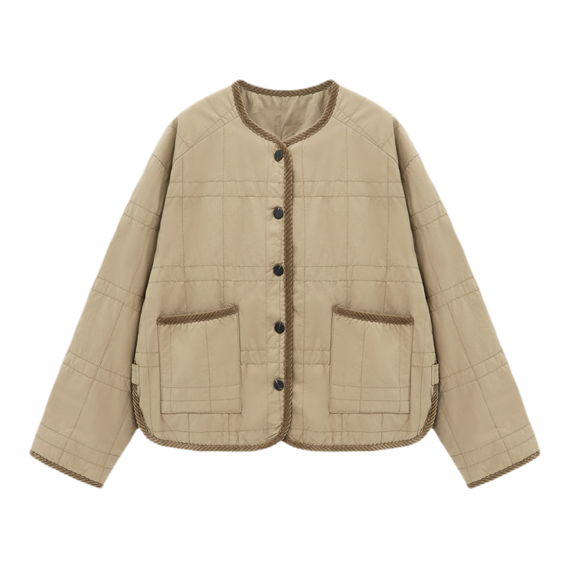 Basic House/百家好冬季新款圆领纯色短款棉服女保暖百搭简约外套