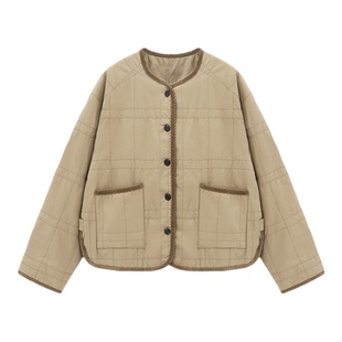 Basic House/百家好冬季新款圆领纯色短款棉服女保暖百搭简约外套