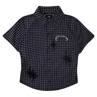 badblood美式复古格子做旧衬衫辣妹学院风休闲扎染短款短袖上衣夏