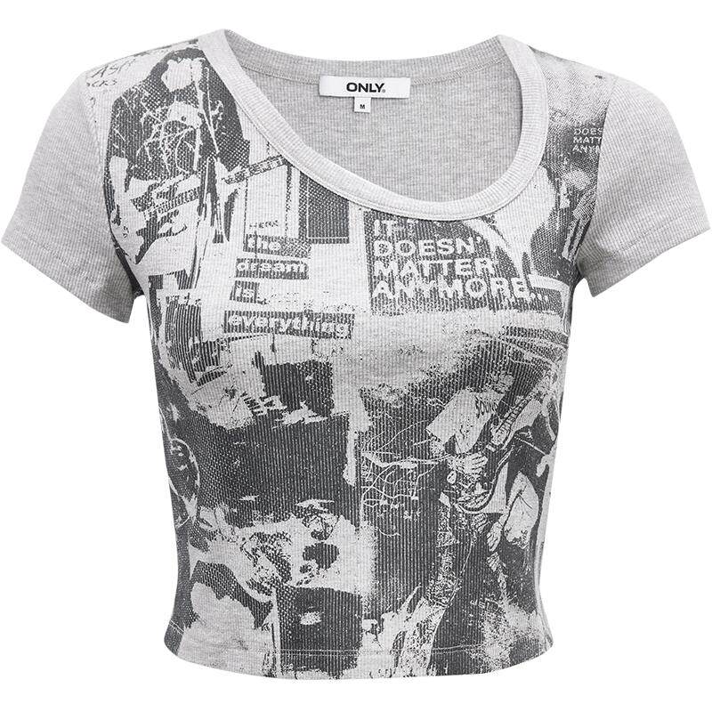 ONLY奥莱2025夏季新款复古摇滚风做旧修身正肩短袖T恤女