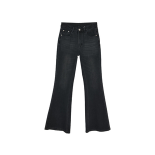 长腿压迫感!~黑灰色四面弹微喇叭牛仔裤女加绒高腰修身显瘦长裤