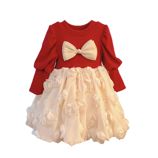 女宝宝冬季加绒花苞连衣裙2025新款女童洋气新年公主裙过年毛衣裙