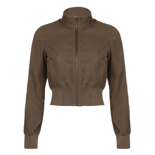 H家欧美女装 古早西部立领拉链棕色短外套辣妹工装风收腰休闲夹克