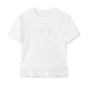 MISS COCOON可可尼白色棉T恤女2025秋季新款修身刺绣蕾丝上衣短袖