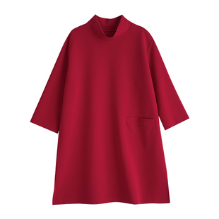 很正的中国红韩版大码女装时尚高领中长款连衣裙七分袖加厚打底裙