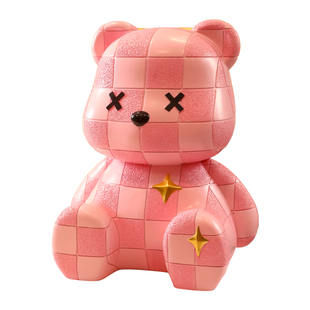 粉色网格暴力熊大号存钱罐女孩生日礼物玩偶卡通卧室客厅落地摆件