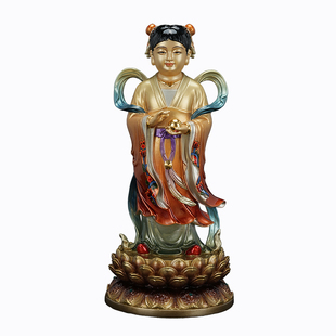 金童玉女铜彩绘佛像观音护法善财龙女神像铜贴金祝福童子精品摆件