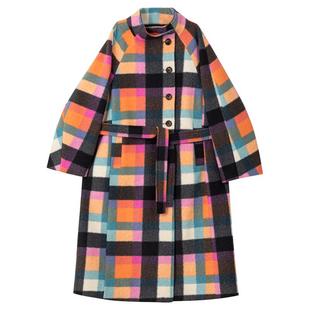 KEIKO 韩系彩色格子毛呢大衣女秋冬气质时髦宽松系带长款呢子外套