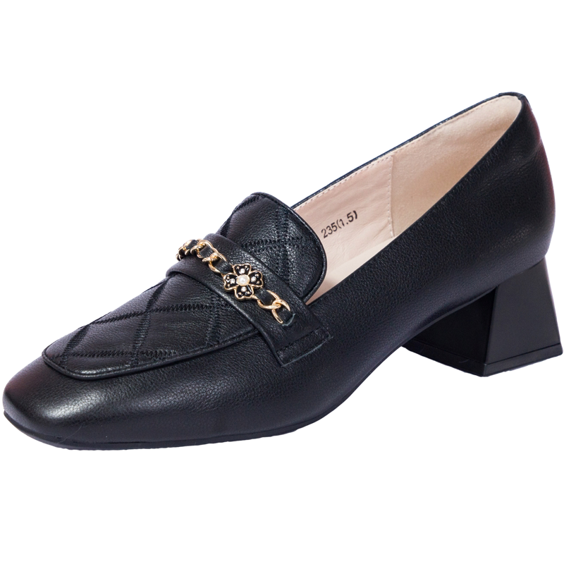 万里新款乐福鞋女真皮粗跟方头豆豆鞋舒适一脚蹬软底单鞋KMT2396