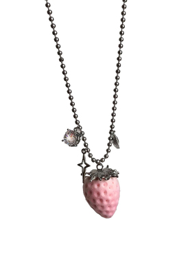 甜酷植绒粉色草莓吊坠项链毛衣链