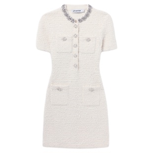 self-portrait 2025秋冬新款象牙白小香风钻饰短袖针织连衣裙