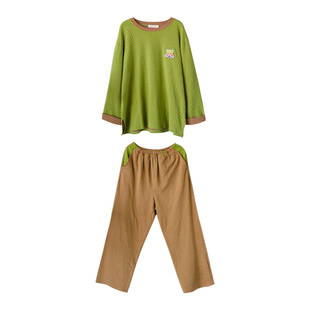 Fishhome原创弹力针织棉牛油果绿波点条纹圆领套头长袖长裤家居服