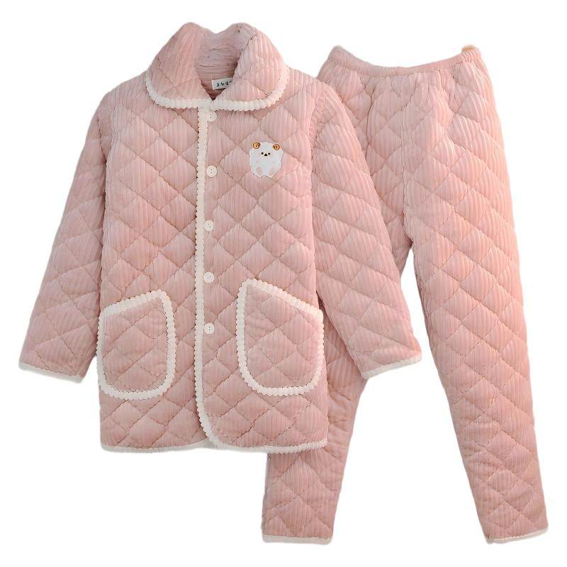 睡衣冬季新款三层加厚睡衣夹棉保暖珊瑚绒中老年女士家居服外穿