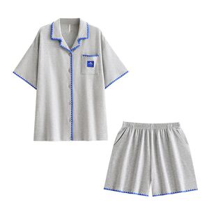 悦内情侣睡衣女款夏季纯棉短袖短裤家居服男士休闲大码开衫华夫格