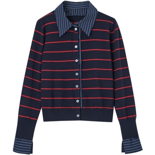 德玛纳假两件拼接条纹针织衫女春秋新款翻领复古风气质线衫上衣