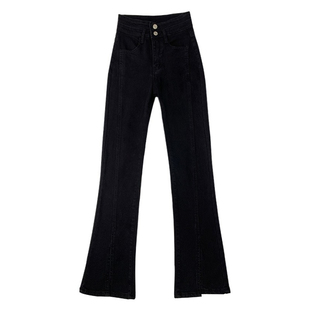 黑色弹力牛仔裤女秋冬加绒直筒大码胖mm开叉显瘦小个子九分烟管裤