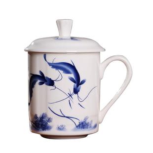 亚彩景德镇陶瓷茶杯带盖家用骨瓷杯喝茶杯青花瓷器办公杯子500ml