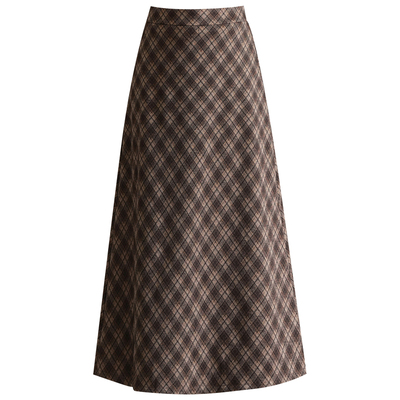 韩系格纹毛呢长裙a字裙显瘦半裙